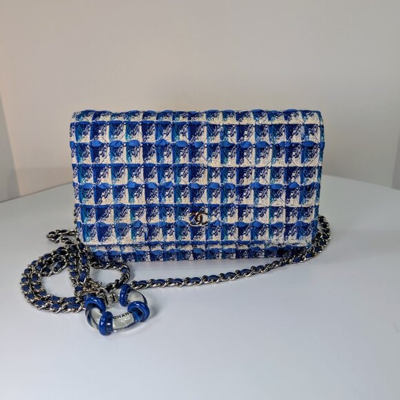 Chanel Blue and White Tweed Wallet on Chain (WOC) with "Lifebuoy" Charm - Picture 1 of 16